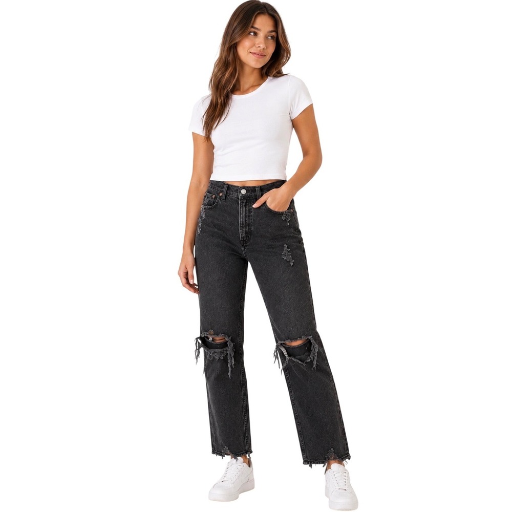 Abercrombie & Fitch The 90s Straight Ultra High Rise Distressed Black Jeans 26 2